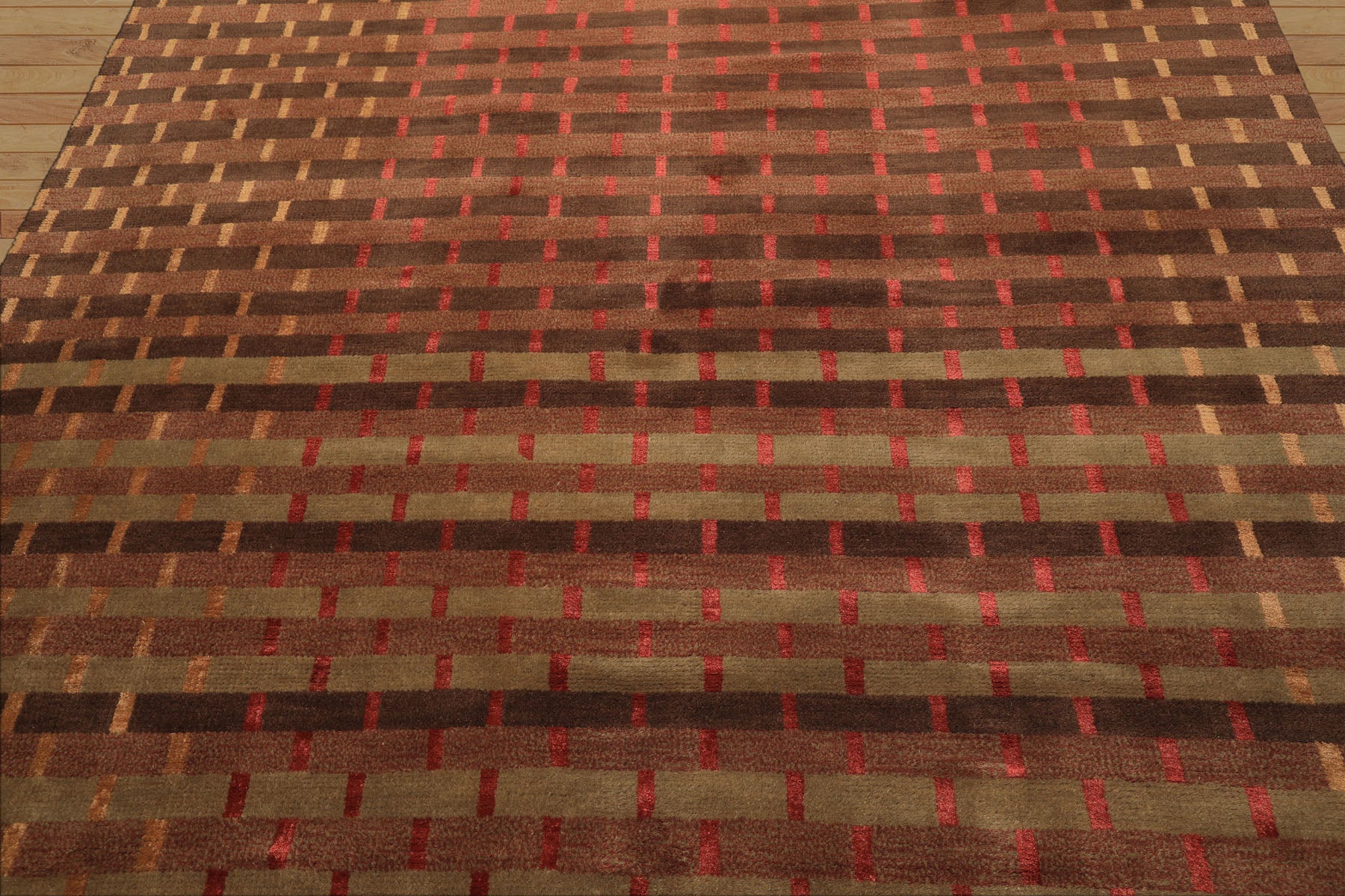 8x10 Raspberry, Rust, Moss Color Hand Knotted Tibetan Wool & Pure Silk Contemporary Oriental Rug