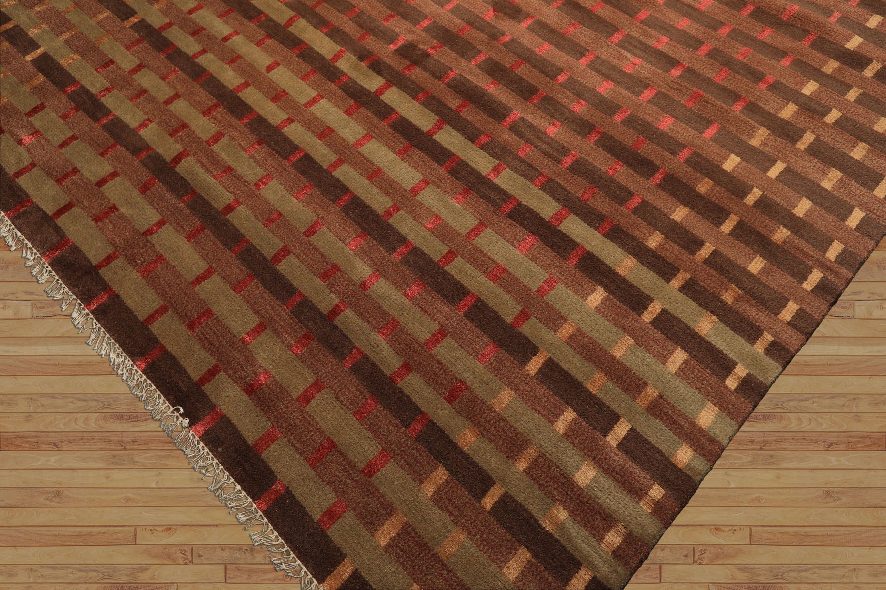 8x10 Raspberry, Rust, Moss Color Hand Knotted Tibetan Wool & Pure Silk Contemporary Oriental Rug