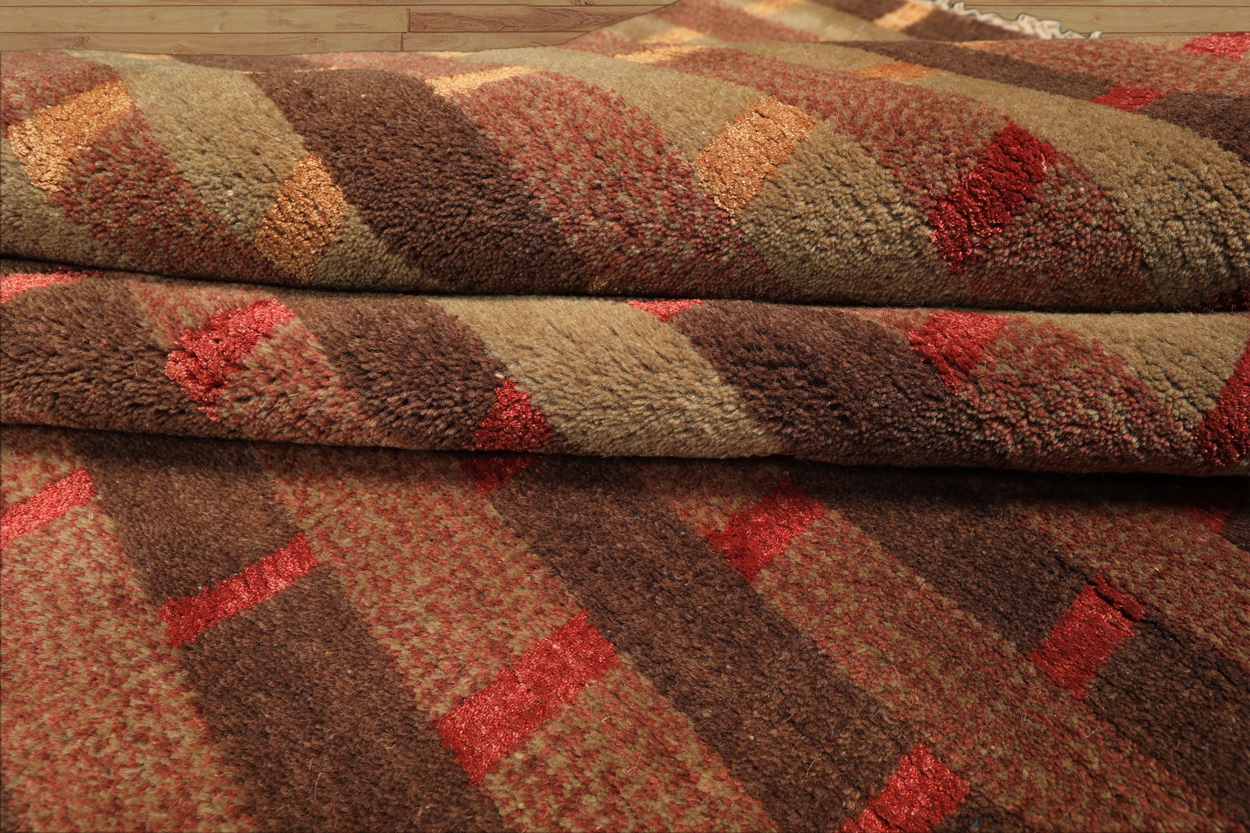 8x10 Raspberry, Rust, Moss Color Hand Knotted Tibetan Wool & Pure Silk Contemporary Oriental Rug