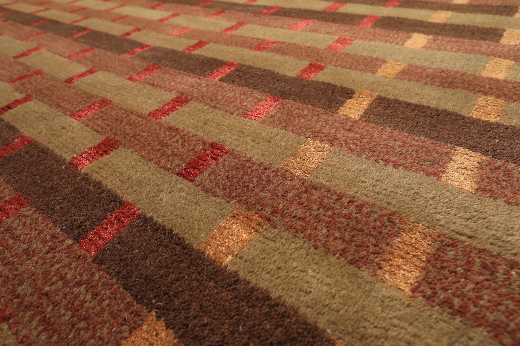 8x10 Raspberry, Rust, Moss Color Hand Knotted Tibetan Wool & Pure Silk Contemporary Oriental Rug
