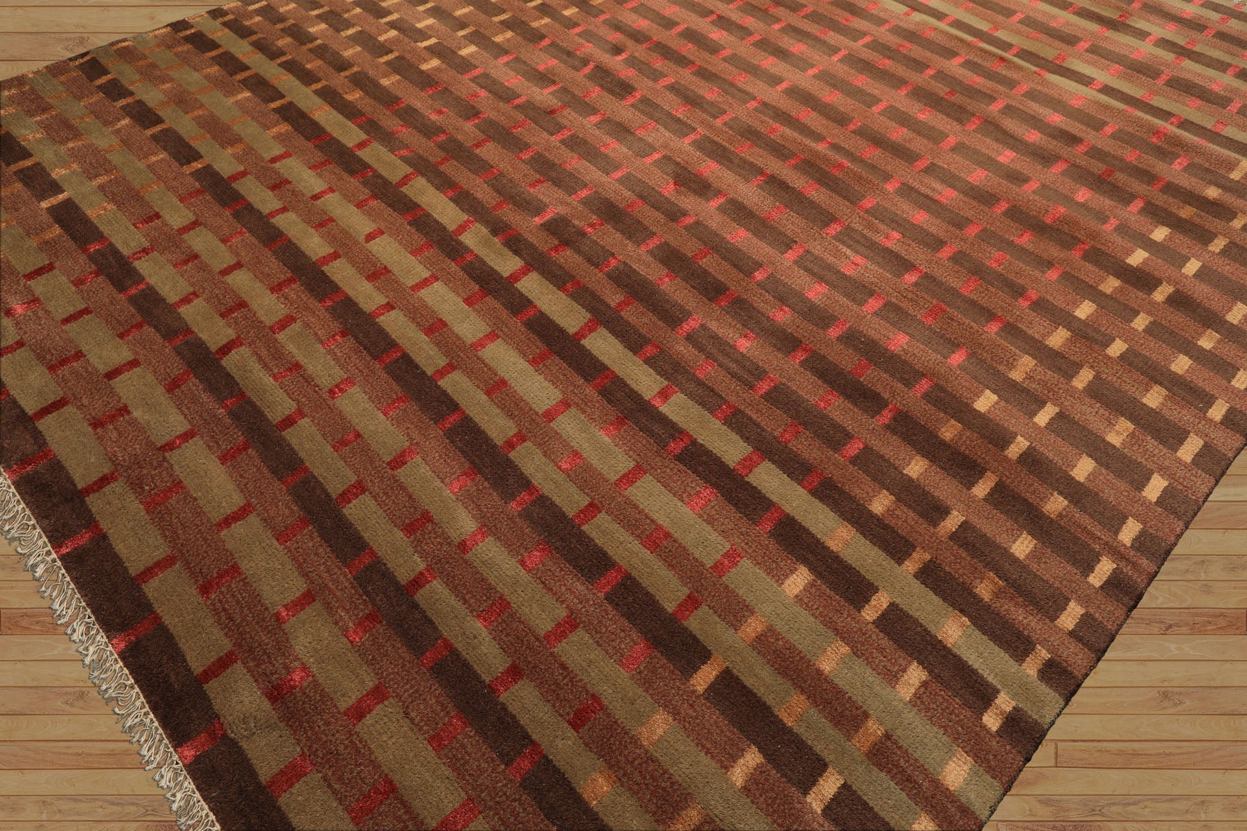 8x10 Raspberry, Rust, Moss Color Hand Knotted Tibetan Wool & Pure Silk Contemporary Oriental Rug