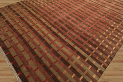 8x10 Raspberry, Rust, Moss Color Hand Knotted Tibetan Wool & Pure Silk Contemporary Oriental Rug
