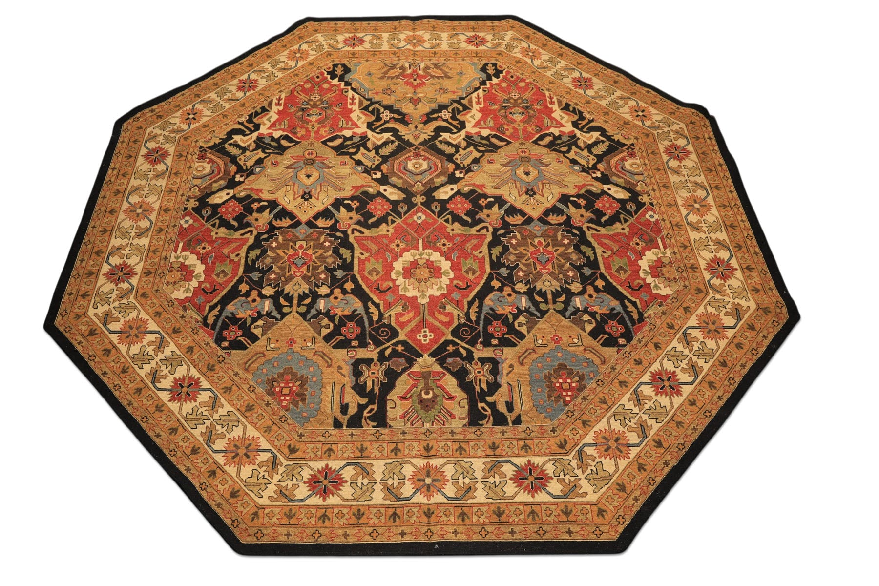 Octagon Black, Ivory, Gold Color Hand Knotted Soumak Wool Traditional Oriental Rug