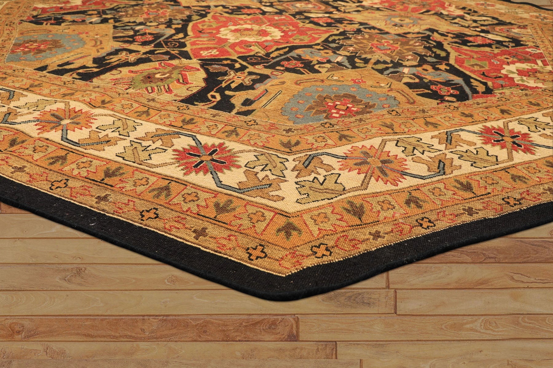 Octagon Black, Ivory, Gold Color Hand Knotted Soumak Wool Traditional Oriental Rug