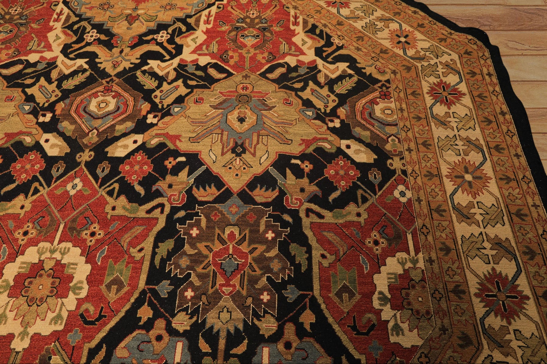 Octagon Black, Ivory, Gold Color Hand Knotted Soumak Wool Traditional Oriental Rug
