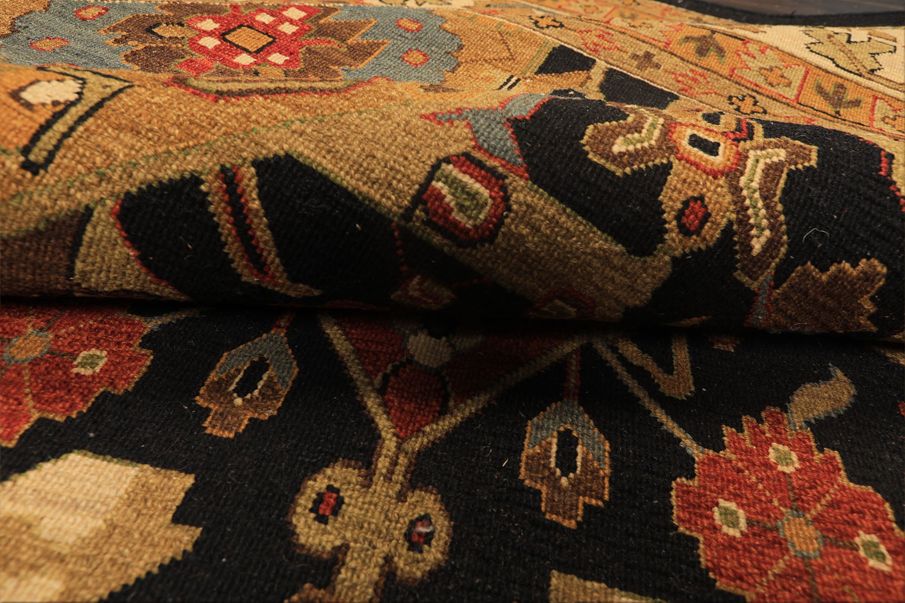 Octagon Black, Ivory, Gold Color Hand Knotted Soumak Wool Traditional Oriental Rug