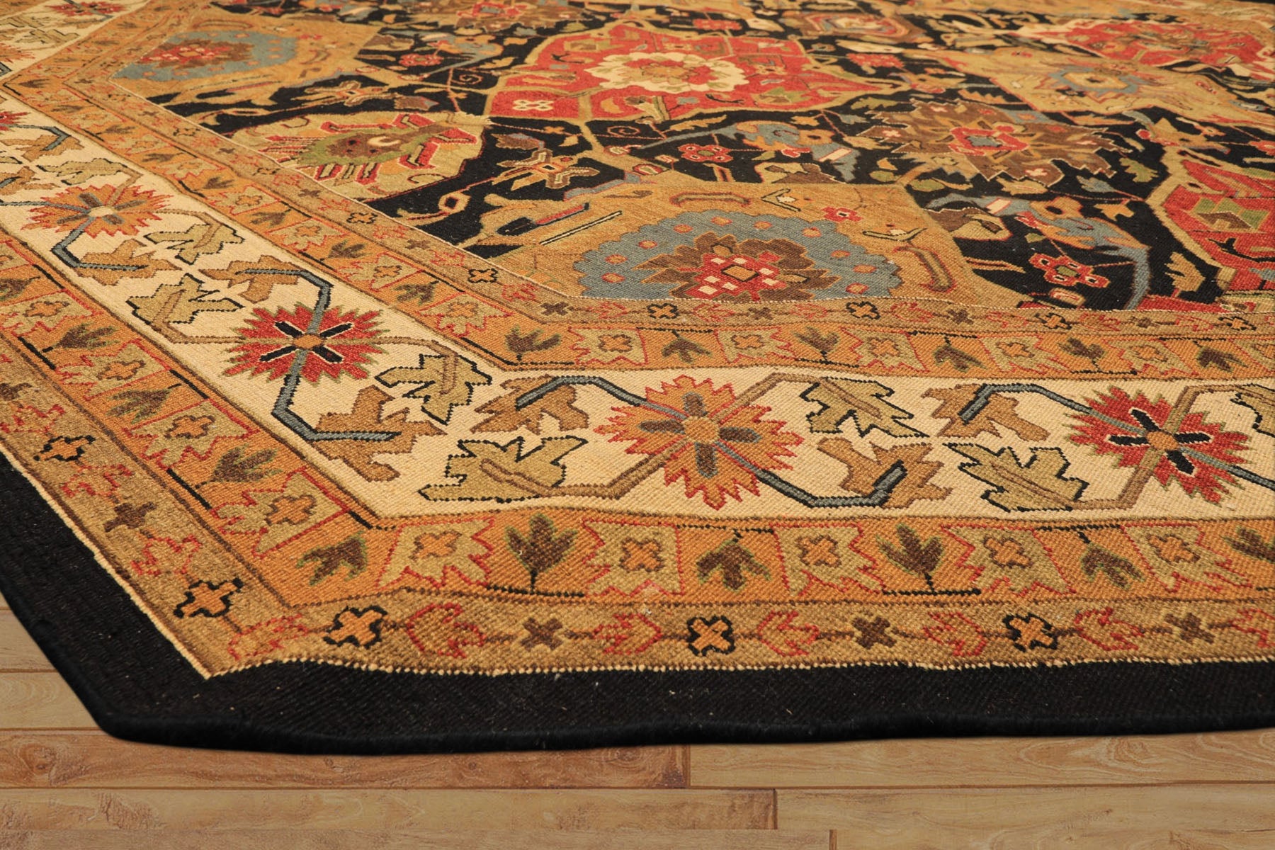 Octagon Black, Ivory, Gold Color Hand Knotted Soumak Wool Traditional Oriental Rug