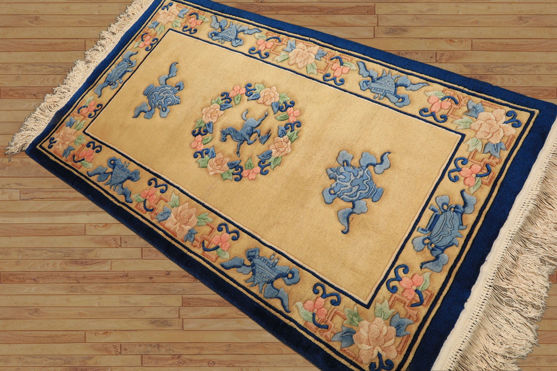 3x5 Gold, Navy, Blush Color Hand Knotted Chinese Art Deco Wool Traditional Oriental Rug