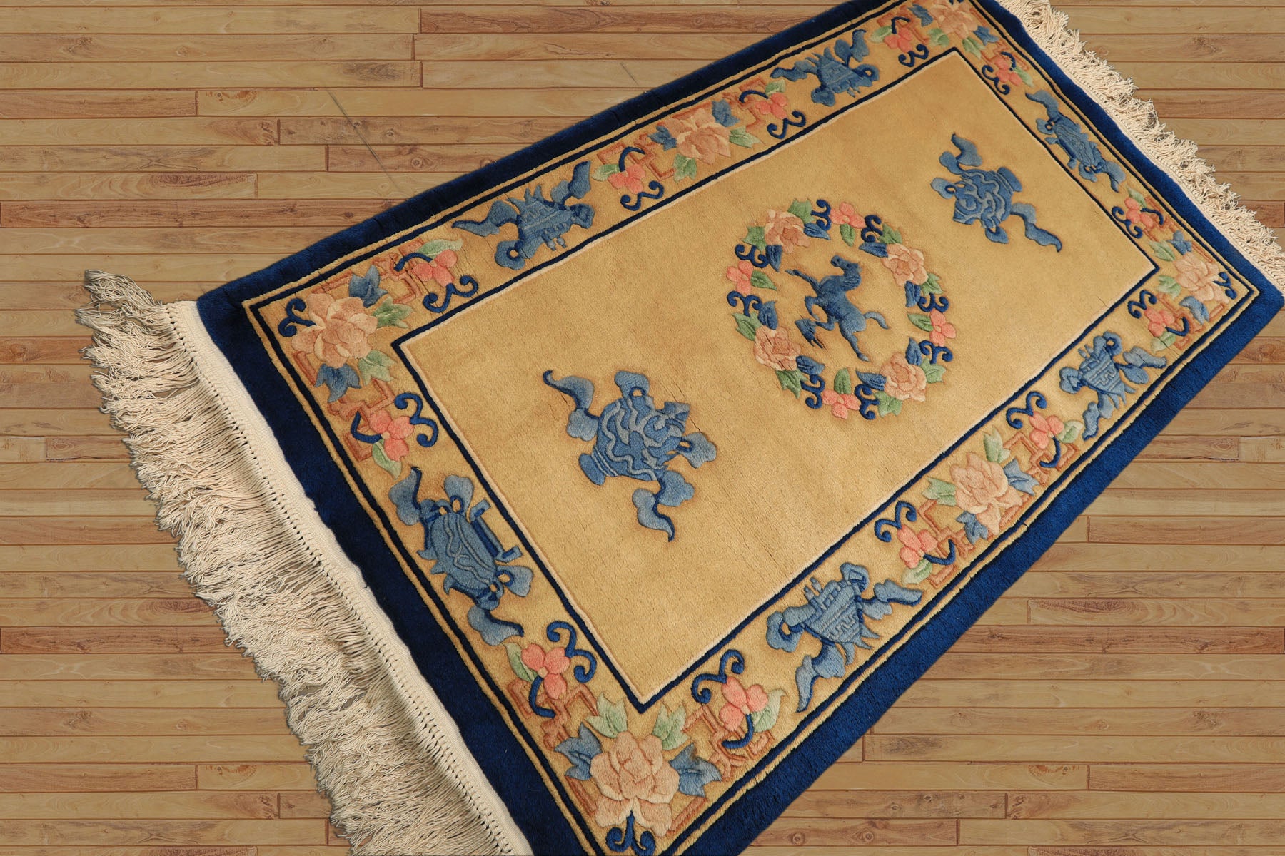 3x5 Gold, Navy, Blush Color Hand Knotted Chinese Art Deco Wool Traditional Oriental Rug