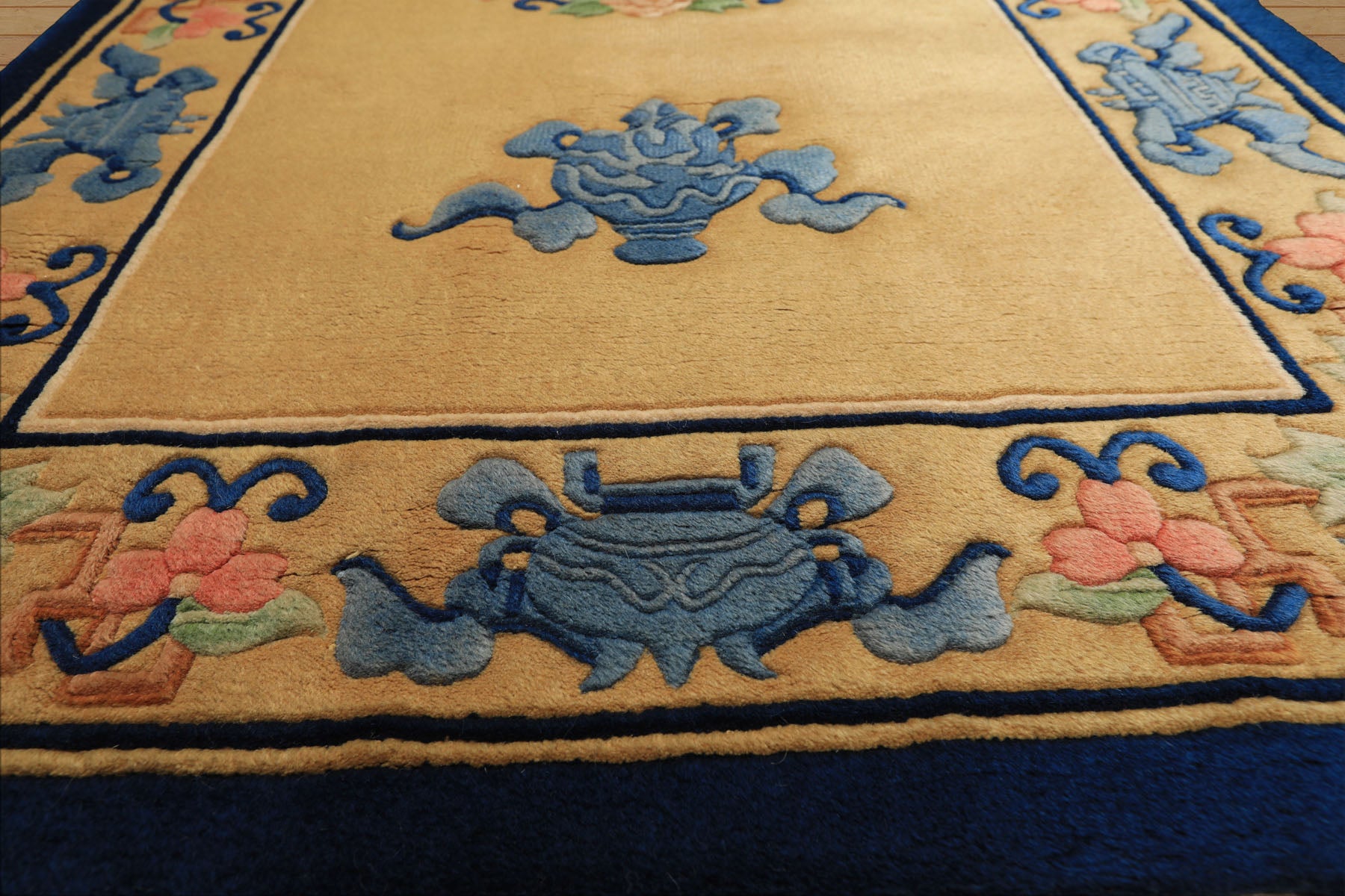 3x5 Gold, Navy, Blush Color Hand Knotted Chinese Art Deco Wool Traditional Oriental Rug