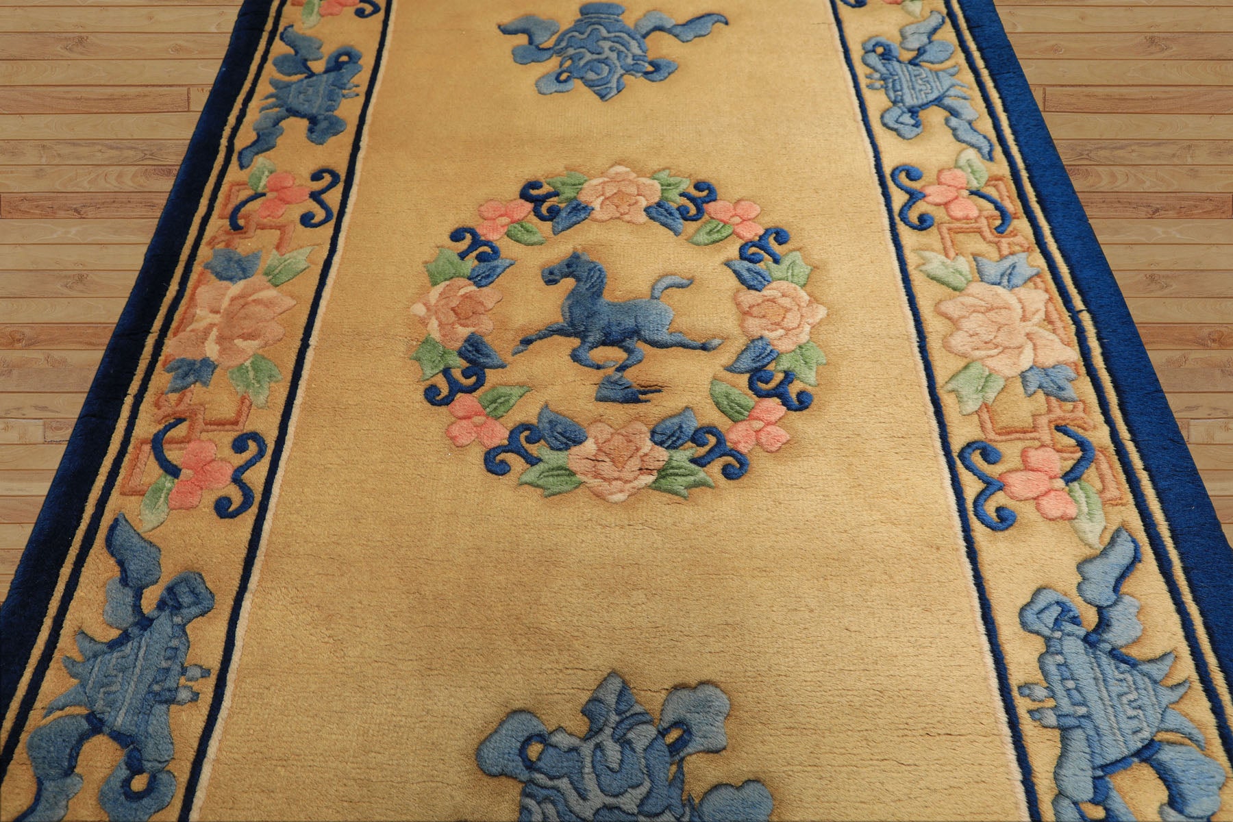 3x5 Gold, Navy, Blush Color Hand Knotted Chinese Art Deco Wool Traditional Oriental Rug