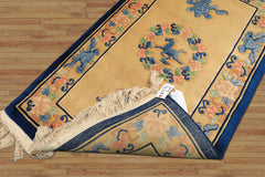 3x5 Gold, Navy, Blush Color Hand Knotted Chinese Art Deco Wool Traditional Oriental Rug