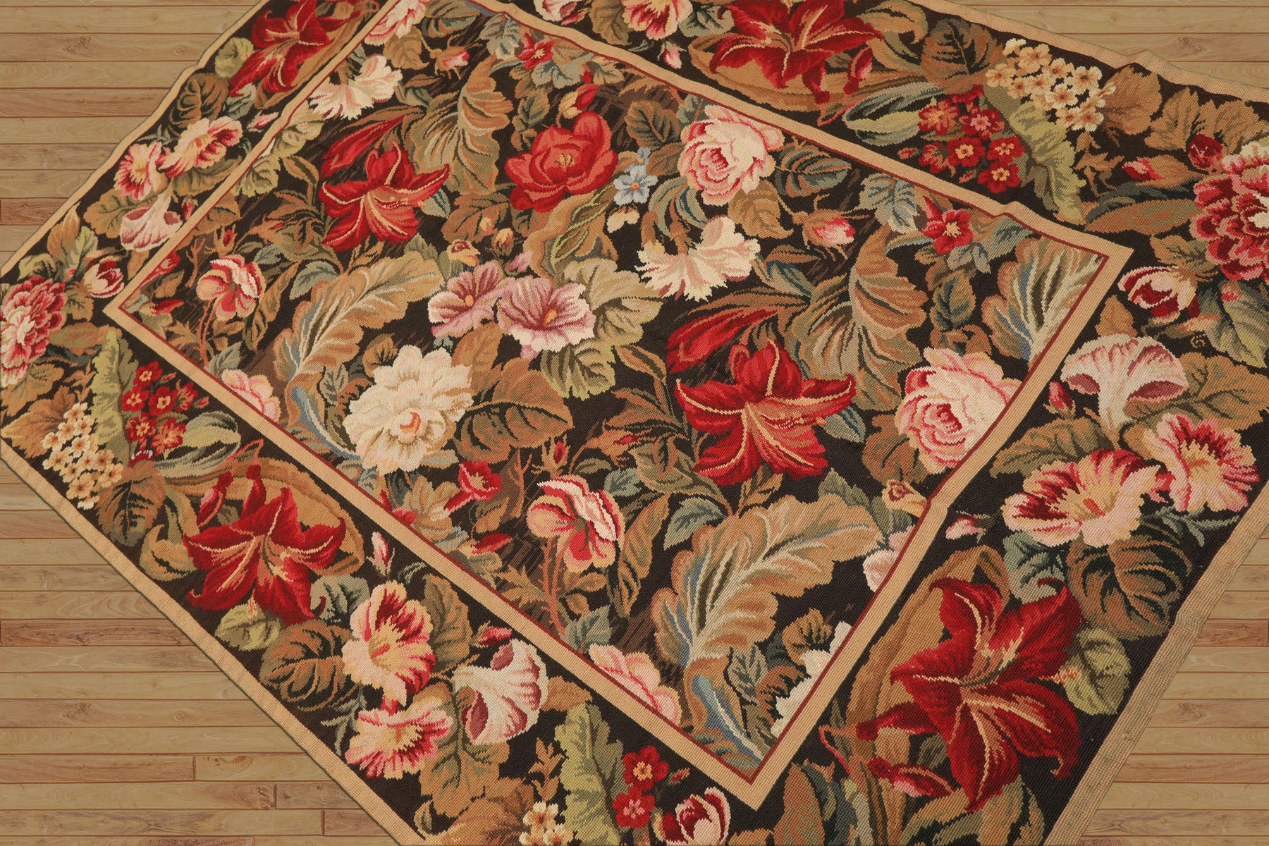 4x6 Green, Gold, Red Color Hand Woven French Aubusson Needlepoint Wool Traditional Oriental Rug