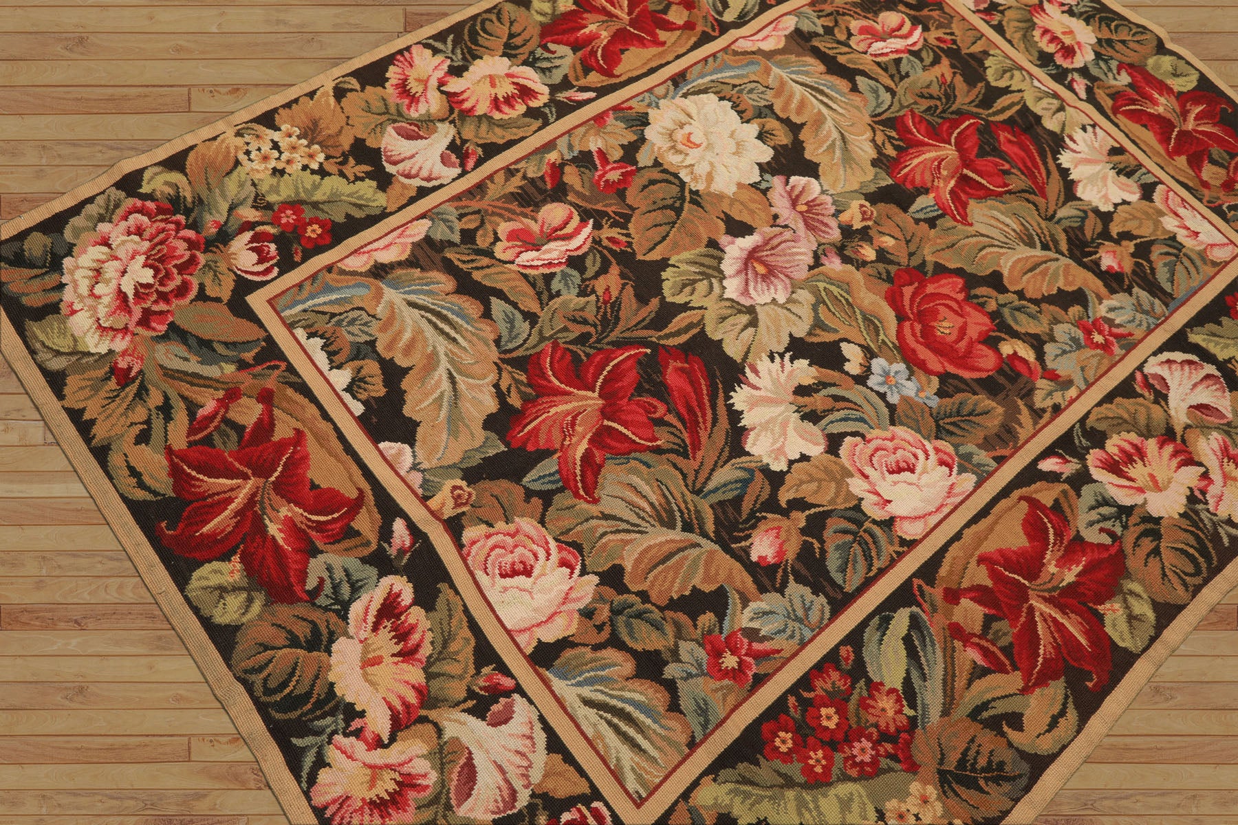 4x6 Green, Gold, Red Color Hand Woven French Aubusson Needlepoint Wool Traditional Oriental Rug
