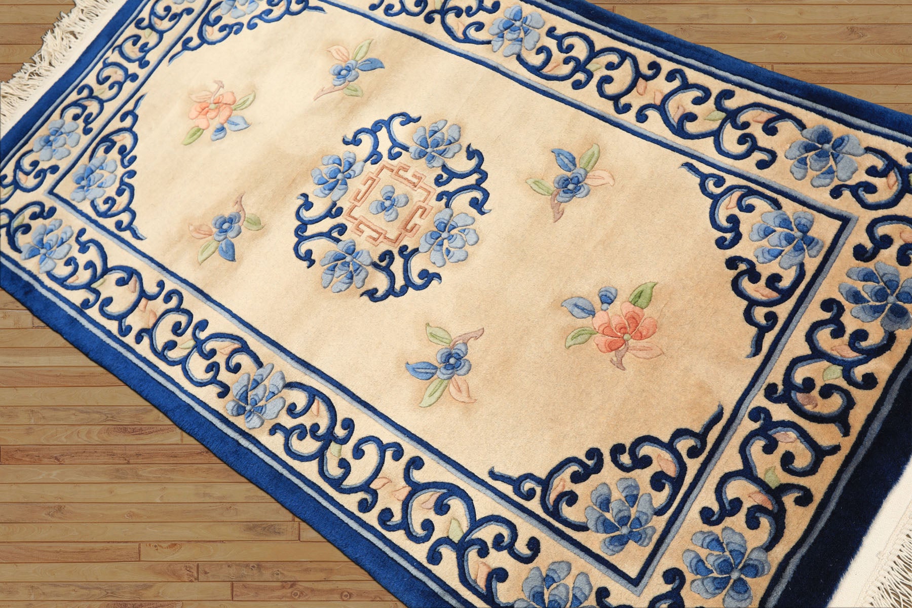 3x5 Beige, Navy, Blush Color Hand Knotted French Aubusson Savonnerie Wool Traditional Oriental Rug