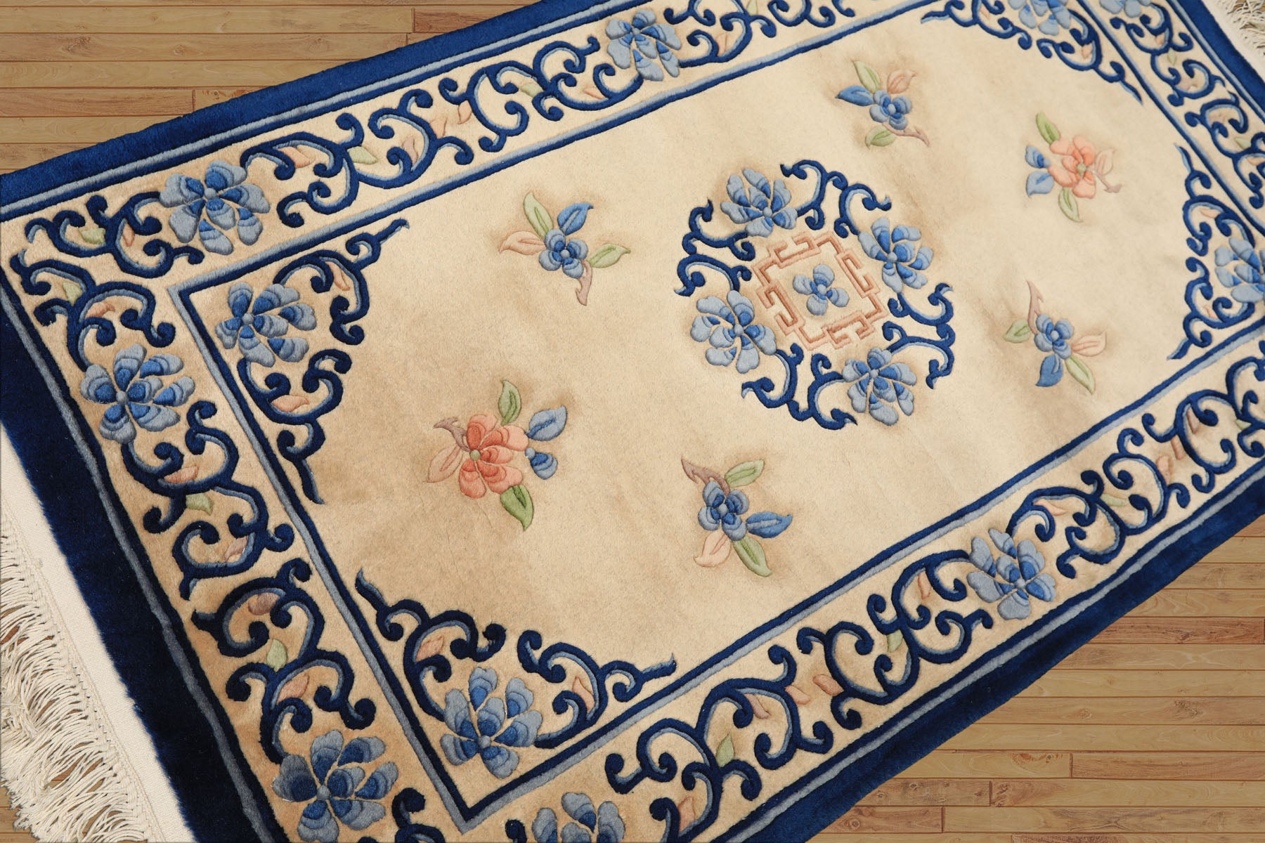 3x5 Beige, Navy, Blush Color Hand Knotted French Aubusson Savonnerie Wool Traditional Oriental Rug