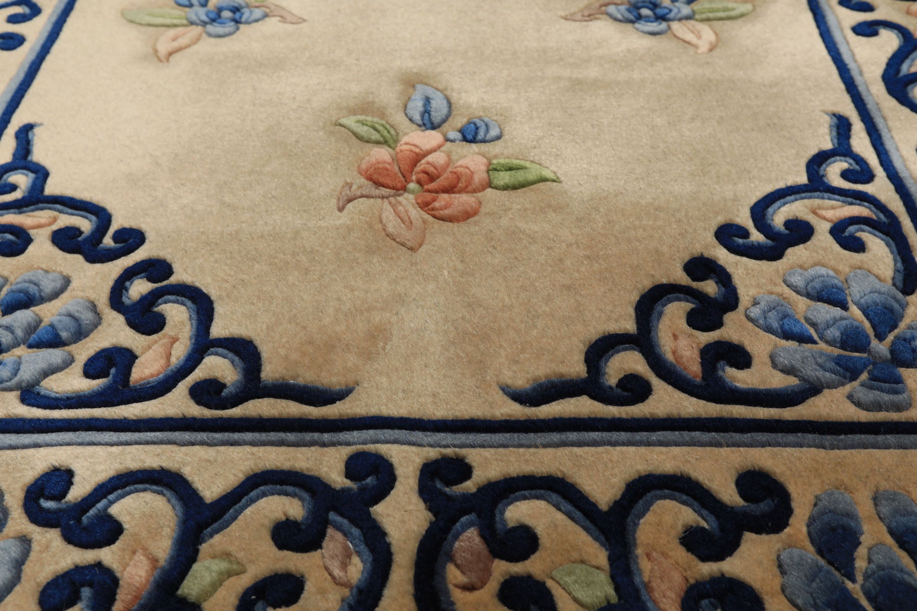 3x5 Beige, Navy, Blush Color Hand Knotted French Aubusson Savonnerie Wool Traditional Oriental Rug