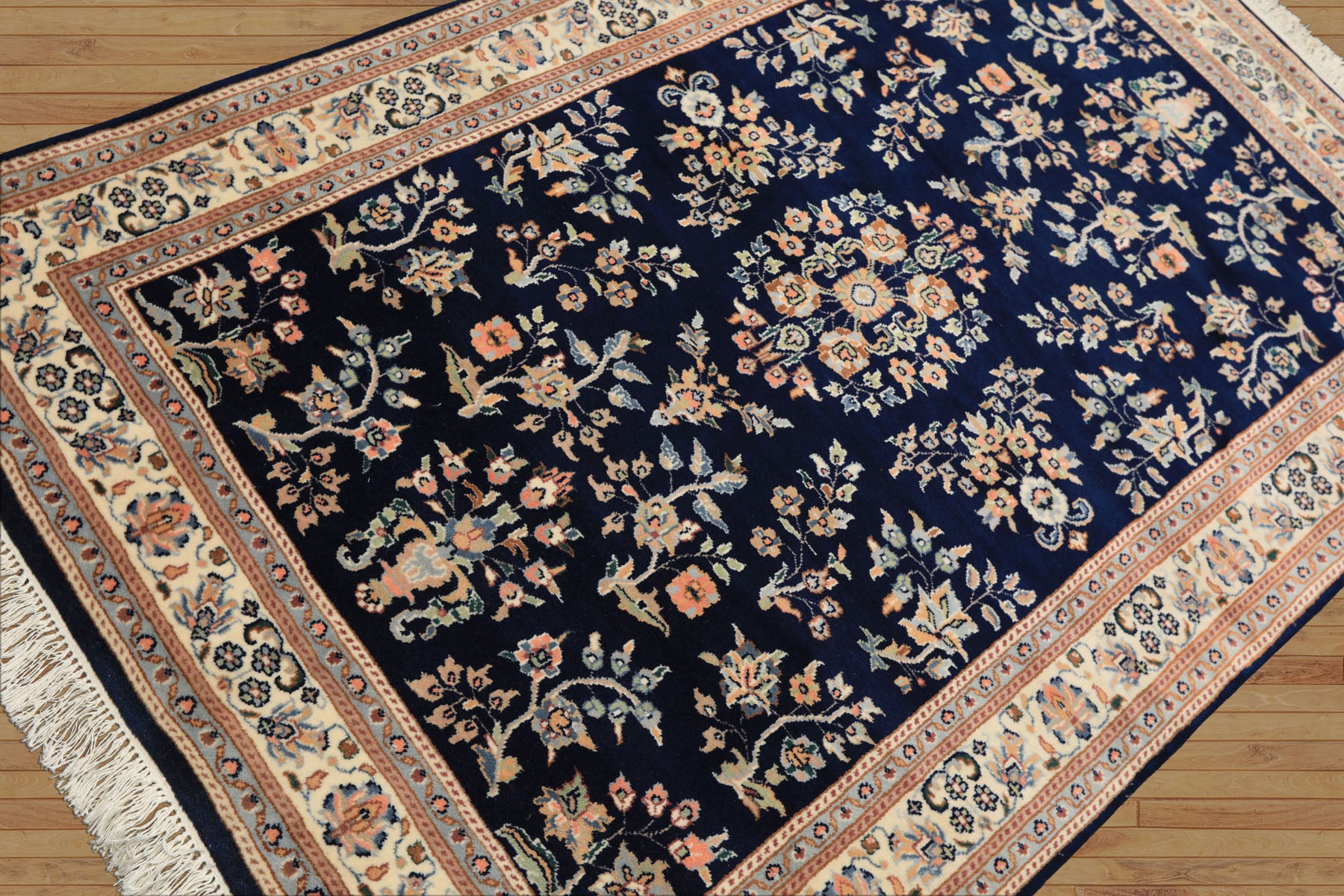 4x6 Navy, Ivory, Peach Color Hand Knotted Sarouk New Zealand Wool Traditional Oriental Rug
