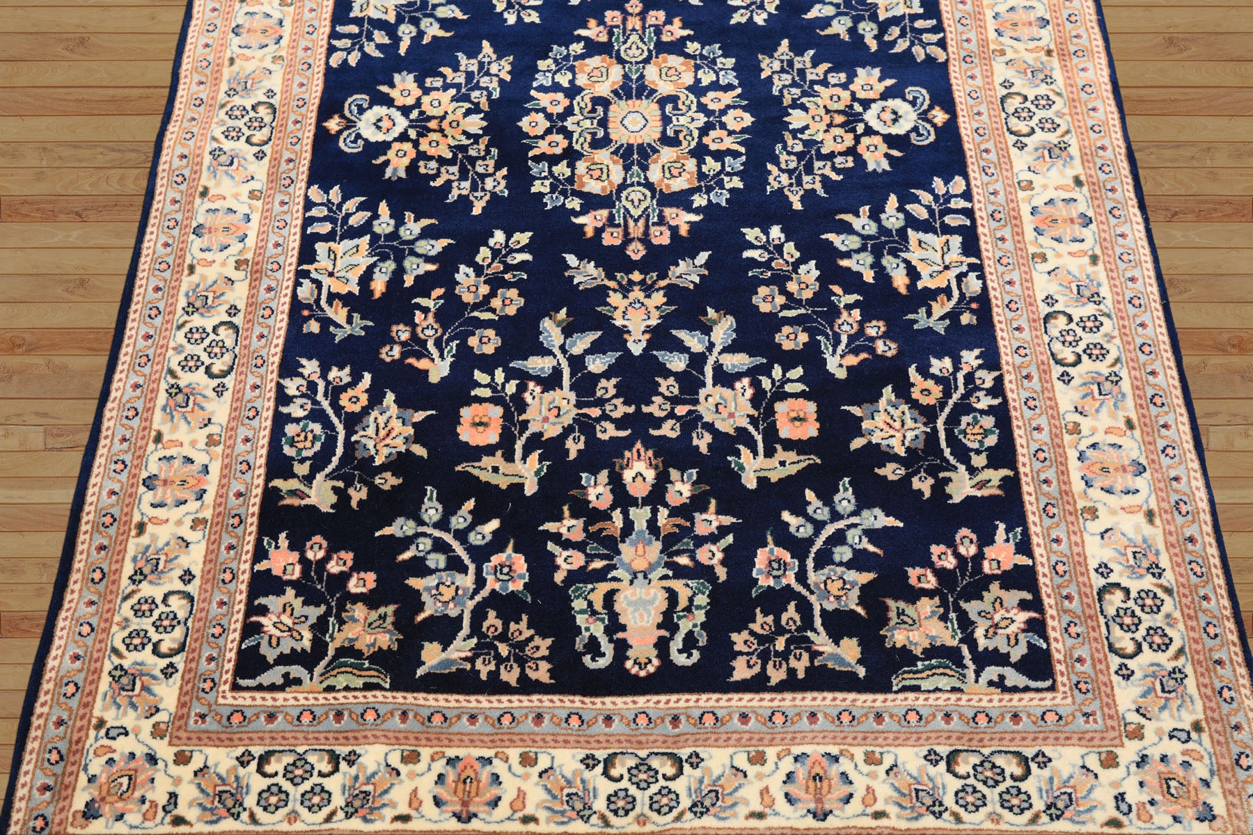 4x6 Navy, Ivory, Peach Color Hand Knotted Sarouk New Zealand Wool Traditional Oriental Rug