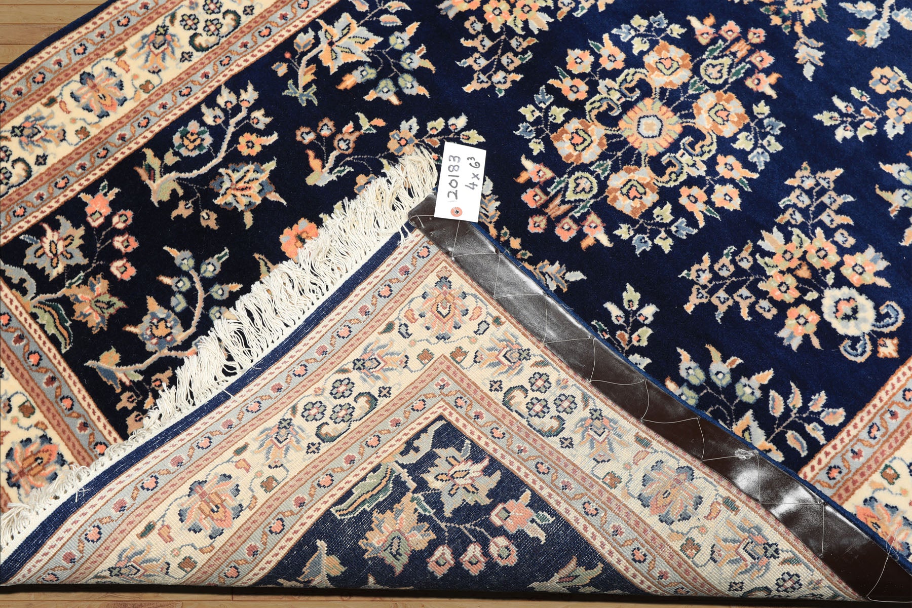 4x6 Navy, Ivory, Peach Color Hand Knotted Sarouk New Zealand Wool Traditional Oriental Rug