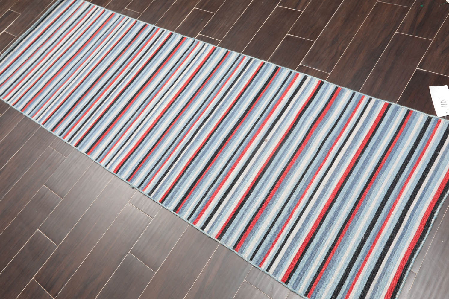 Runner Blue, Black, Terracotta Color Hand Woven Striped 100% Wool Traditional Oriental Rug