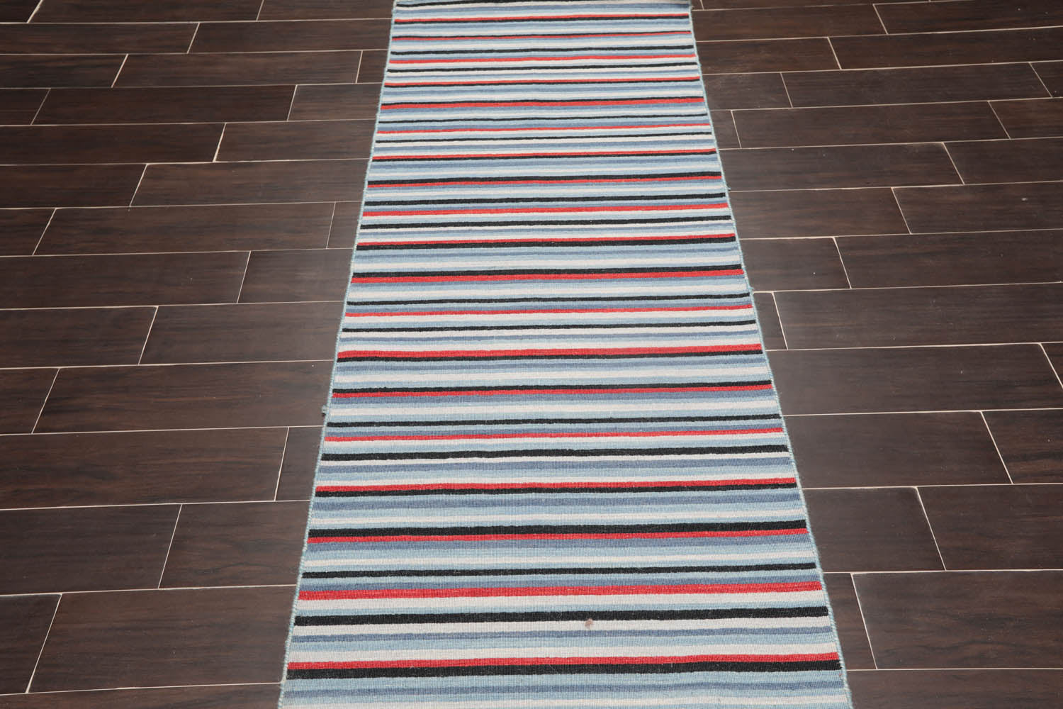 Runner Blue, Black, Terracotta Color Hand Woven Striped 100% Wool Traditional Oriental Rug