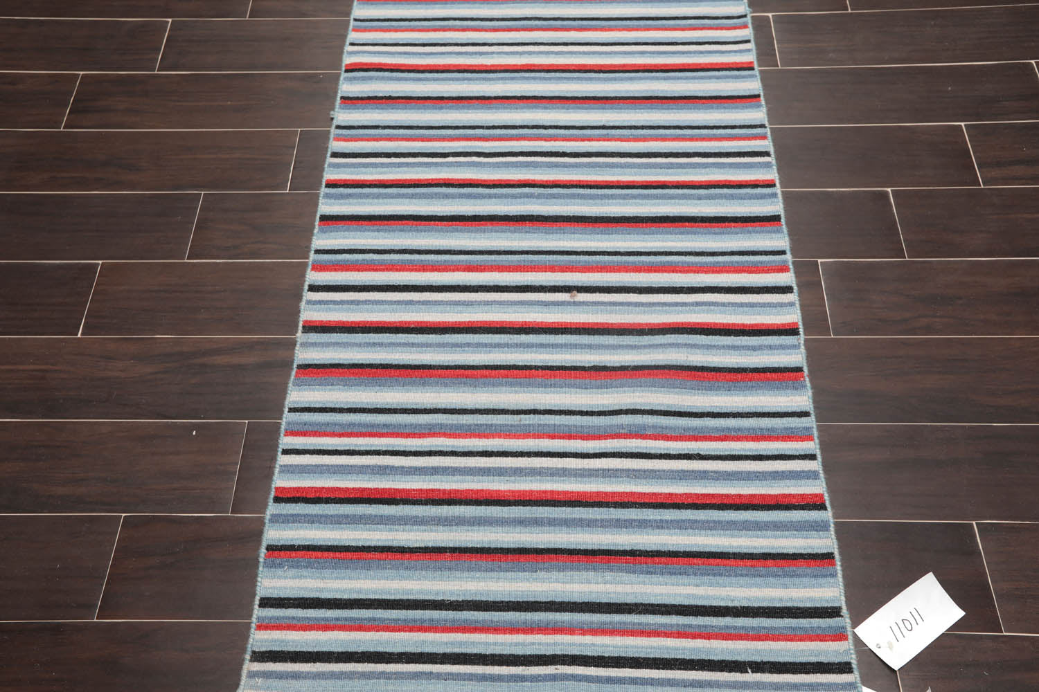 Runner Blue, Black, Terracotta Color Hand Woven Striped 100% Wool Traditional Oriental Rug