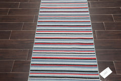 Runner Blue, Black, Terracotta Color Hand Woven Striped 100% Wool Traditional Oriental Rug