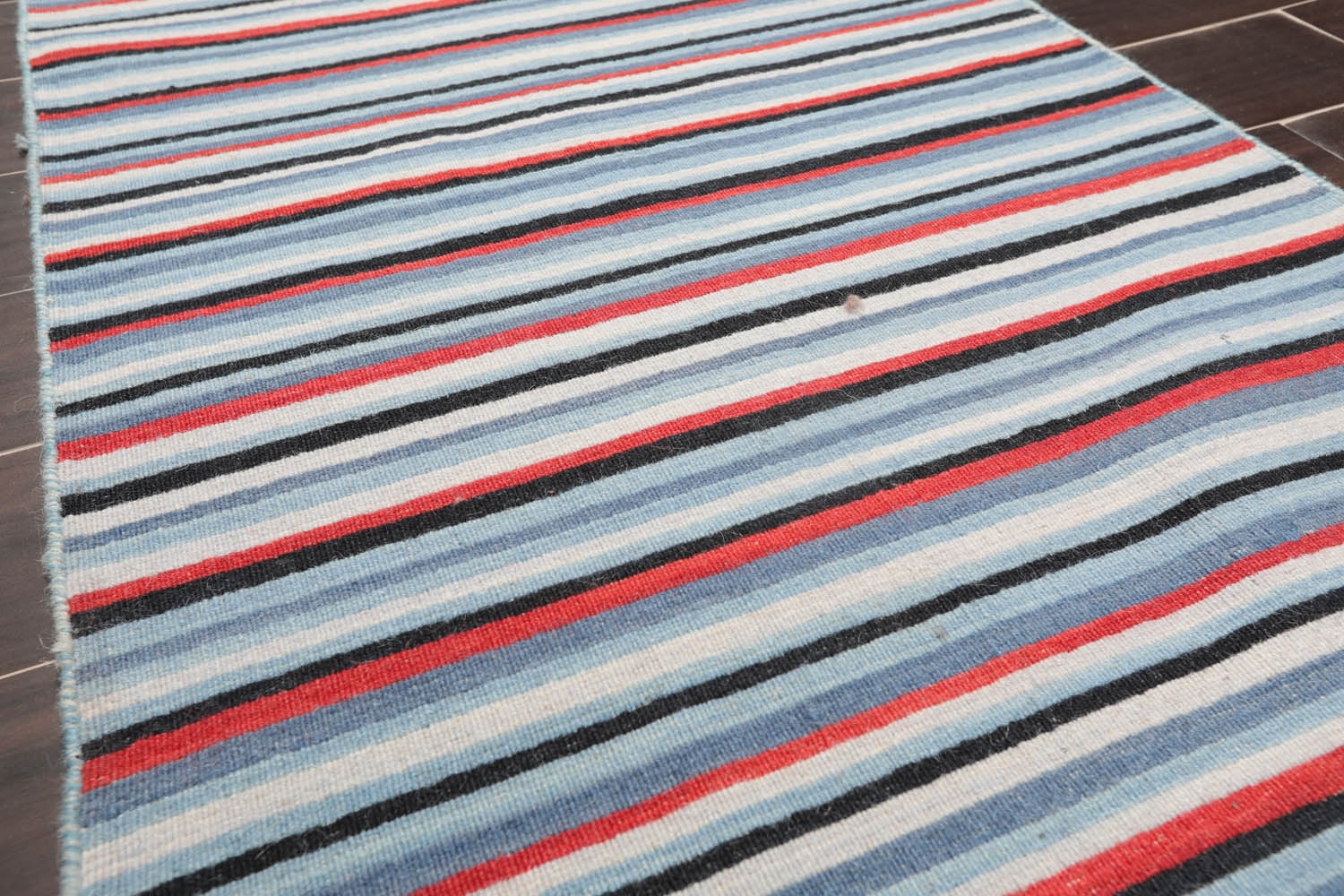 Runner Blue, Black, Terracotta Color Hand Woven Striped 100% Wool Traditional Oriental Rug