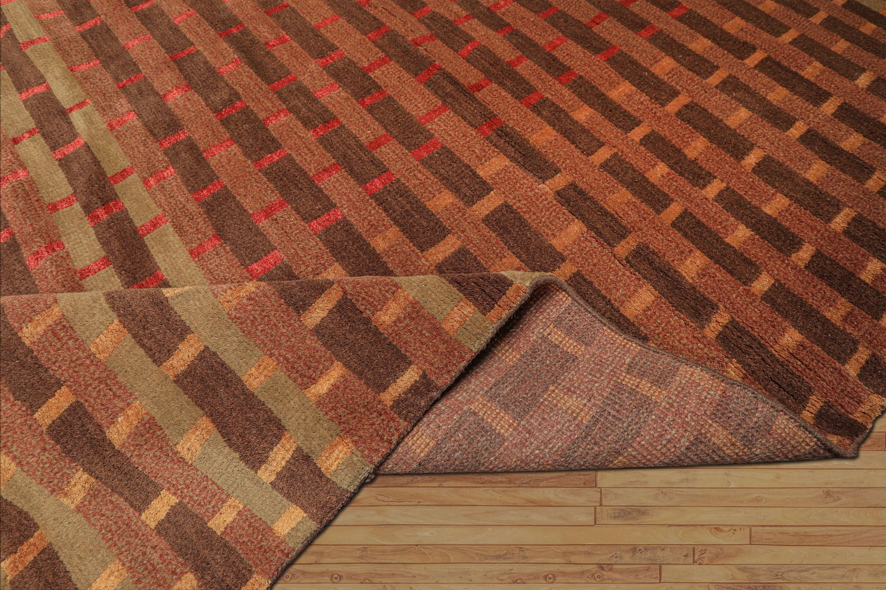 8x10 Raspberry, Rust, Moss Color Hand Knotted Tibetan Wool & Pure Silk Contemporary Oriental Rug