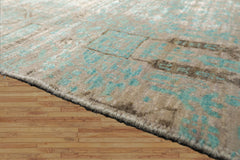 2'x3' Tibetan Turquoise Modern Abstract Wool and Bamboo Silk Oriental Area Rug