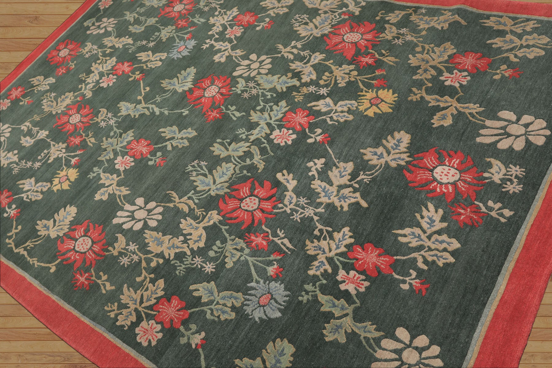 6x9 Celadon, Coral, beige Color Hand Knotted Tibetan Wool Transitional Oriental Rug