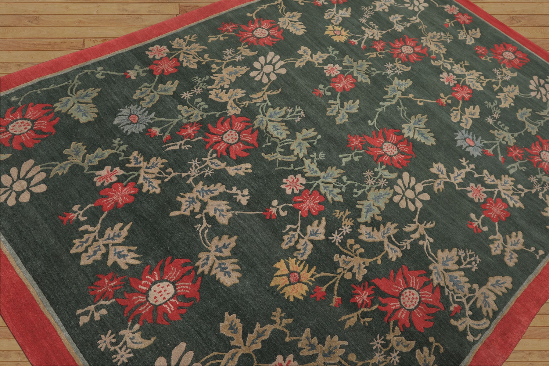 6x9 Celadon, Coral, beige Color Hand Knotted Tibetan Wool Transitional Oriental Rug