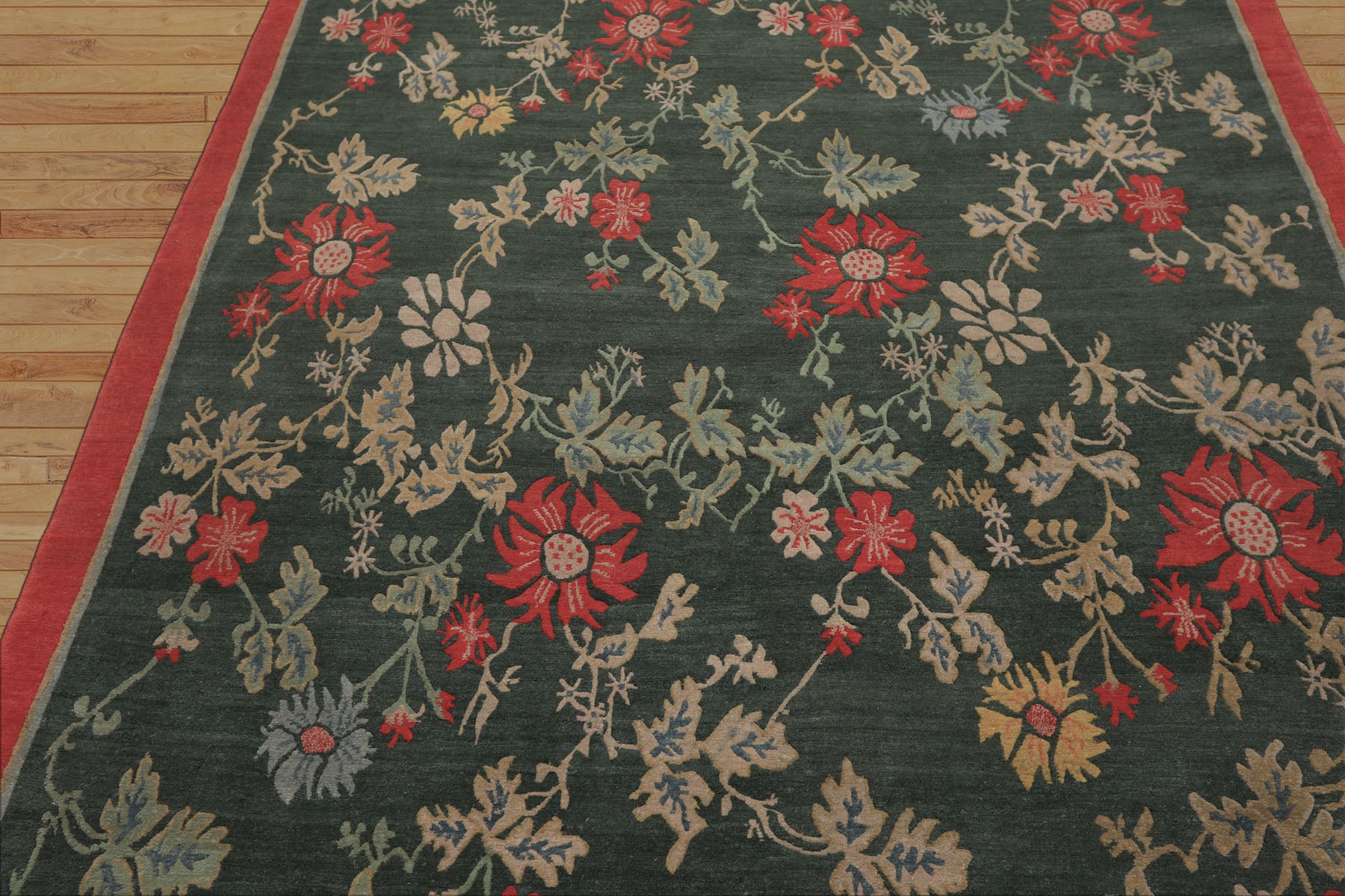 6x9 Celadon, Coral, beige Color Hand Knotted Tibetan Wool Transitional Oriental Rug