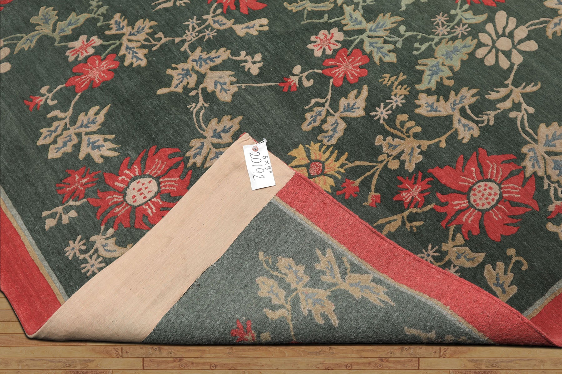 6x9 Celadon, Coral, beige Color Hand Knotted Tibetan Wool Transitional Oriental Rug