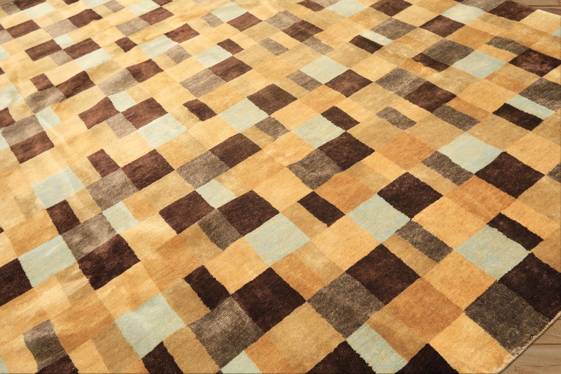 8x10 Gold, Chocolate, Aqua Color Hand Knotted Tibetan New Zealand Wool Modern & Contemporay Oriental Rug