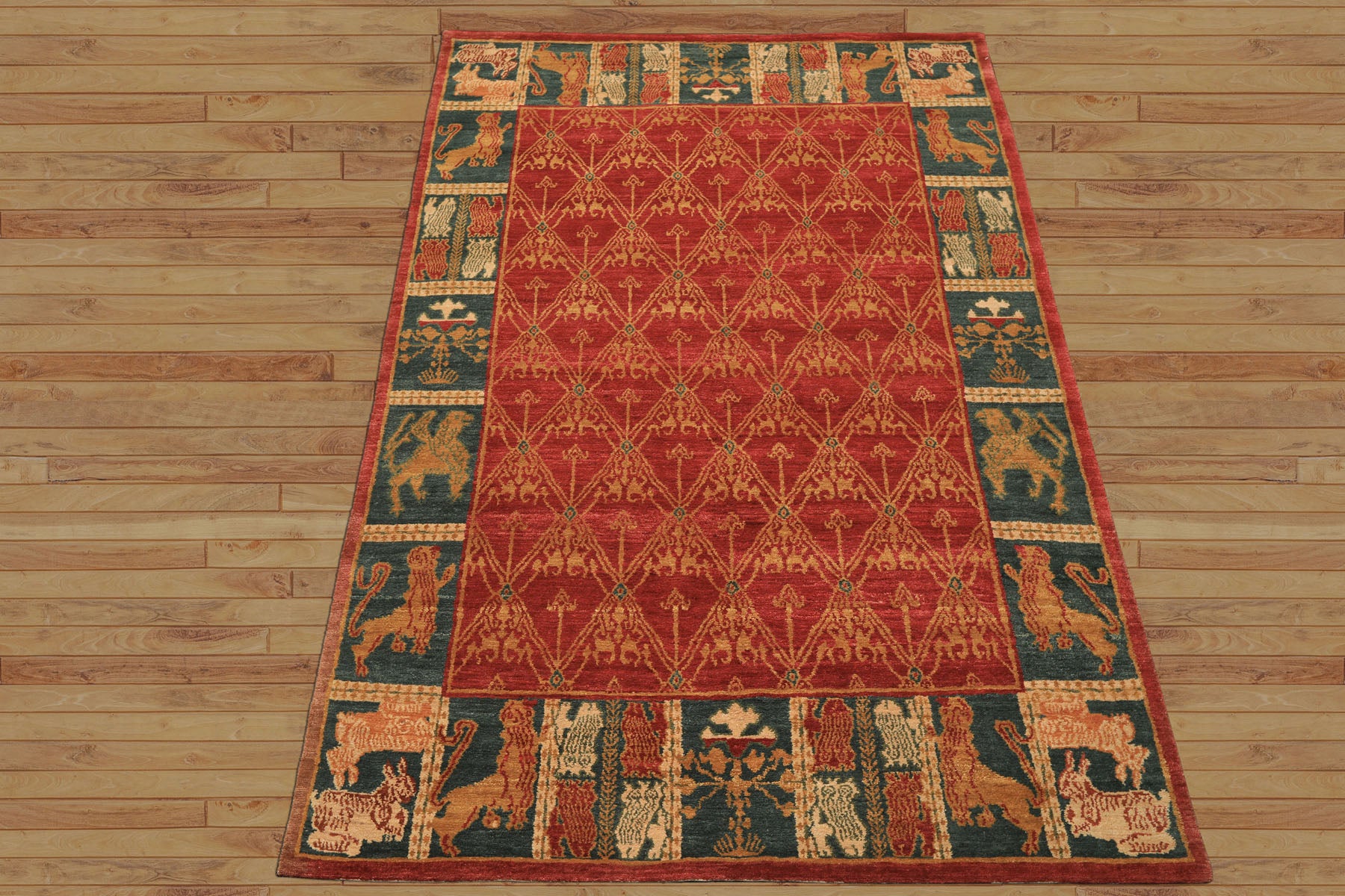 6x9 Rusty Red, Teal, Ivory Color Hand Knotted Tibetan Wool Arts & Crafts Oriental Rug