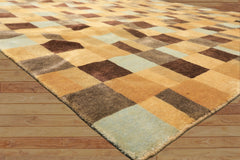 8x10 Gold, Chocolate, Aqua Color Hand Knotted Tibetan New Zealand Wool Modern & Contemporay Oriental Rug