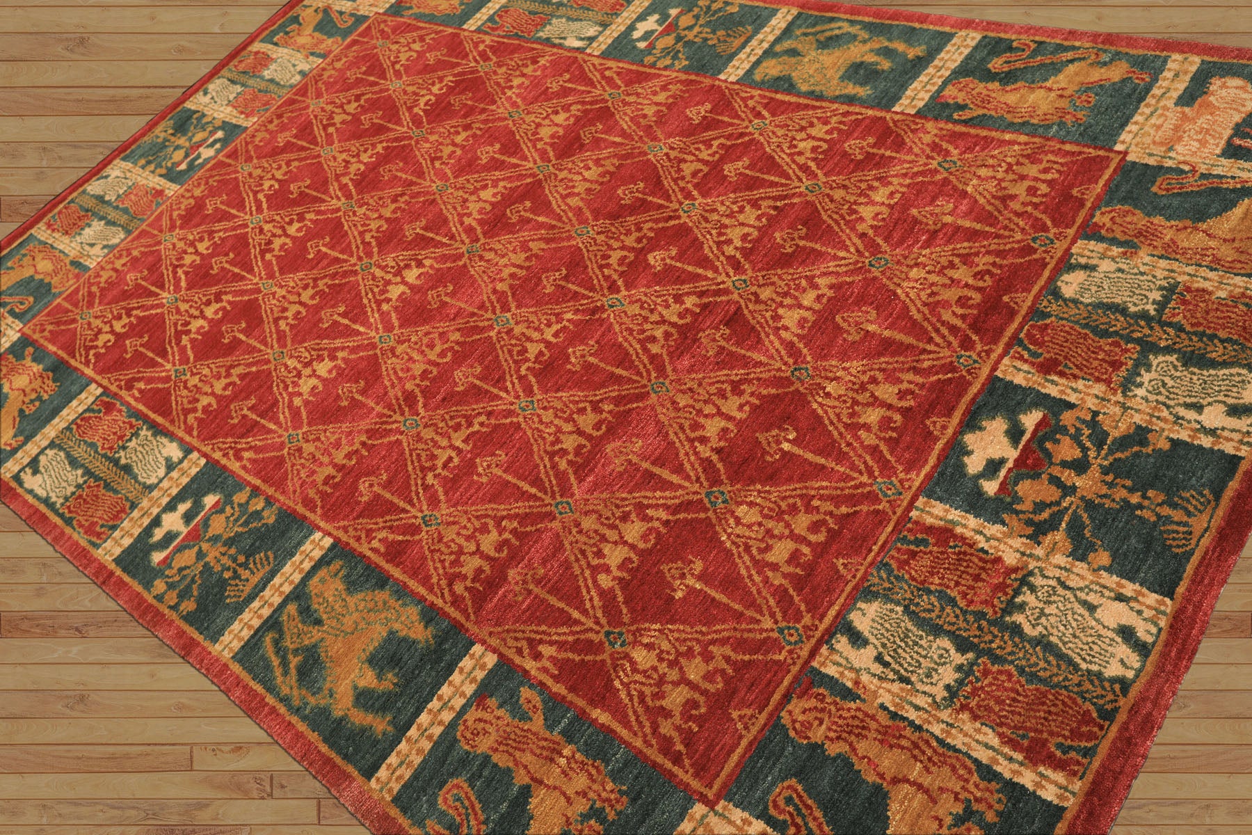 6x9 Rusty Red, Teal, Ivory Color Hand Knotted Tibetan Wool Arts & Crafts Oriental Rug