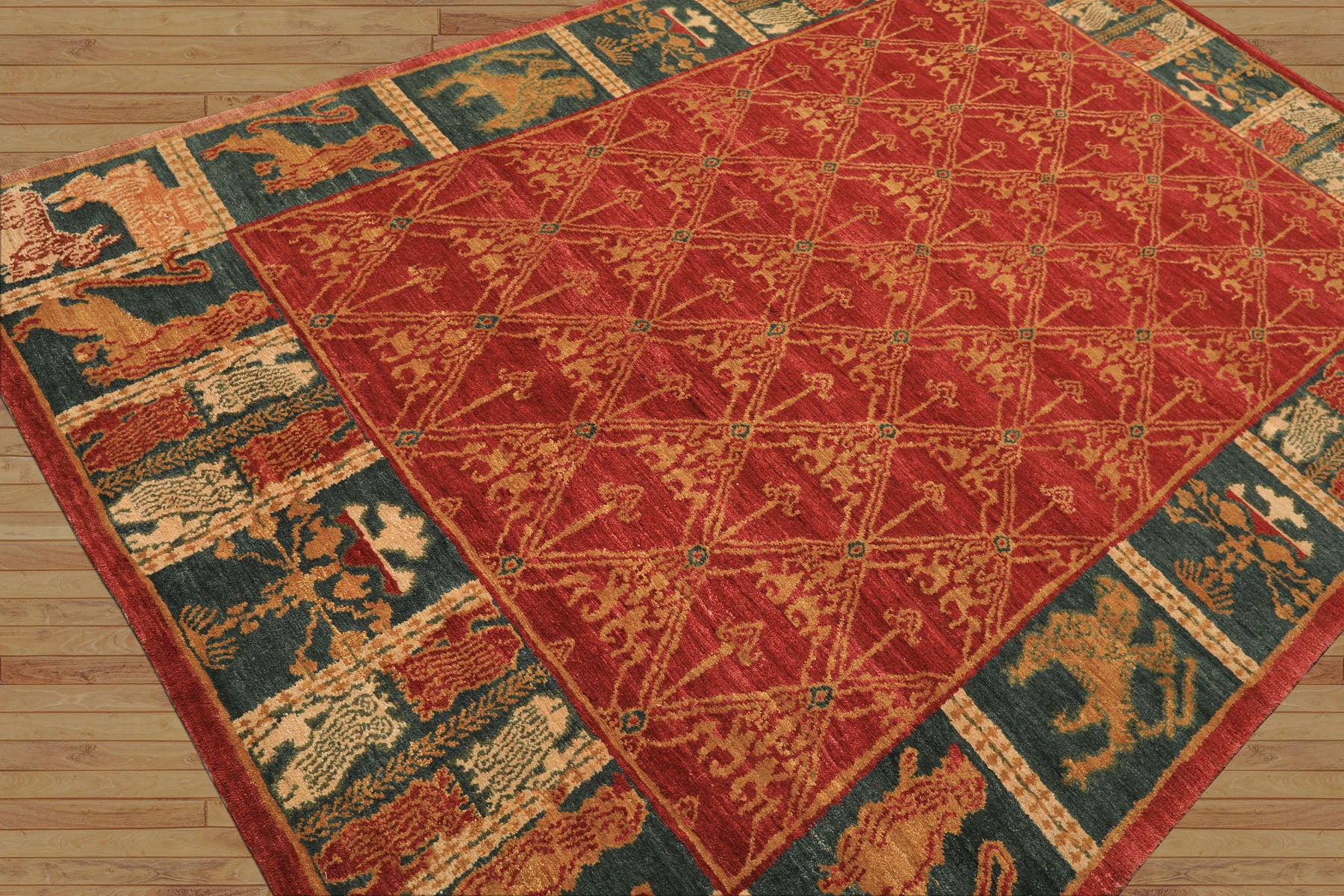 6x9 Rusty Red, Teal, Ivory Color Hand Knotted Tibetan Wool Arts & Crafts Oriental Rug