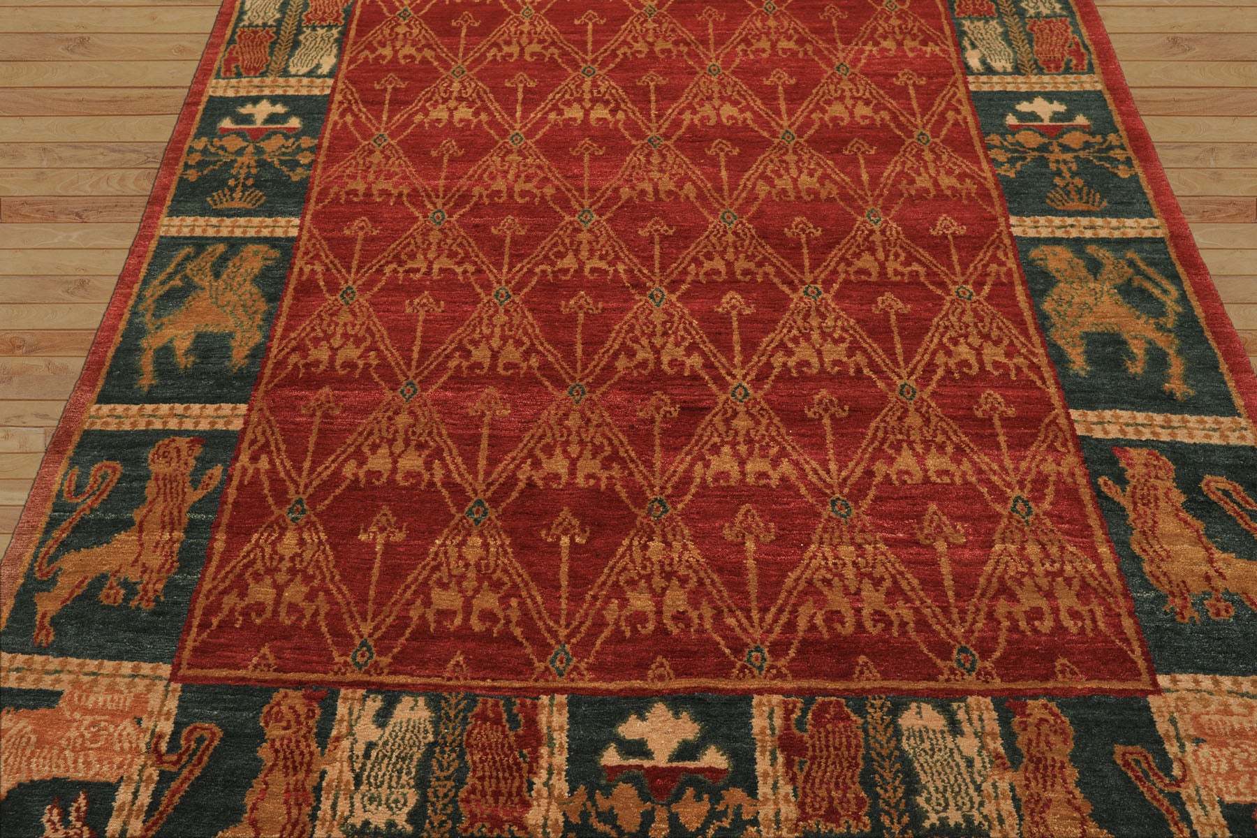 6x9 Rusty Red, Teal, Ivory Color Hand Knotted Tibetan Wool Arts & Crafts Oriental Rug