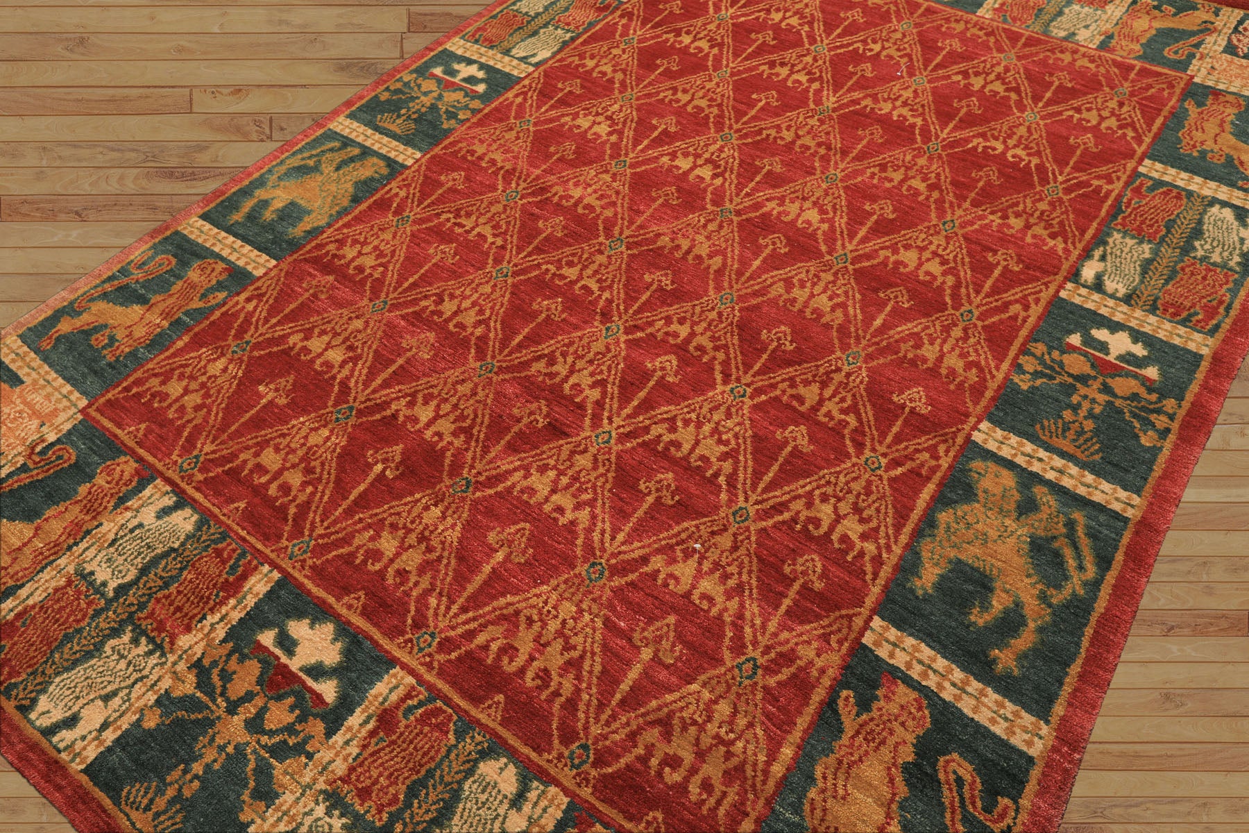 6x9 Rusty Red, Teal, Ivory Color Hand Knotted Tibetan Wool Arts & Crafts Oriental Rug