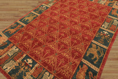 6x9 Rusty Red, Teal, Ivory Color Hand Knotted Tibetan Wool Arts & Crafts Oriental Rug