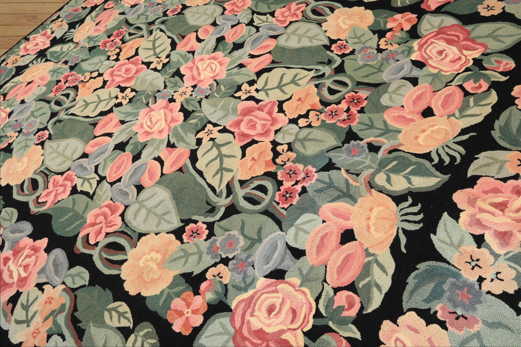 8x11 Black, Celadon, Pink Color Hand Woven Hand Hooked Wool Traditional Oriental Rug