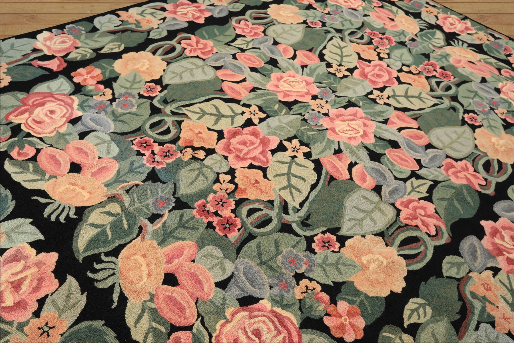 8x11 Black, Celadon, Pink Color Hand Woven Hand Hooked Wool Traditional Oriental Rug