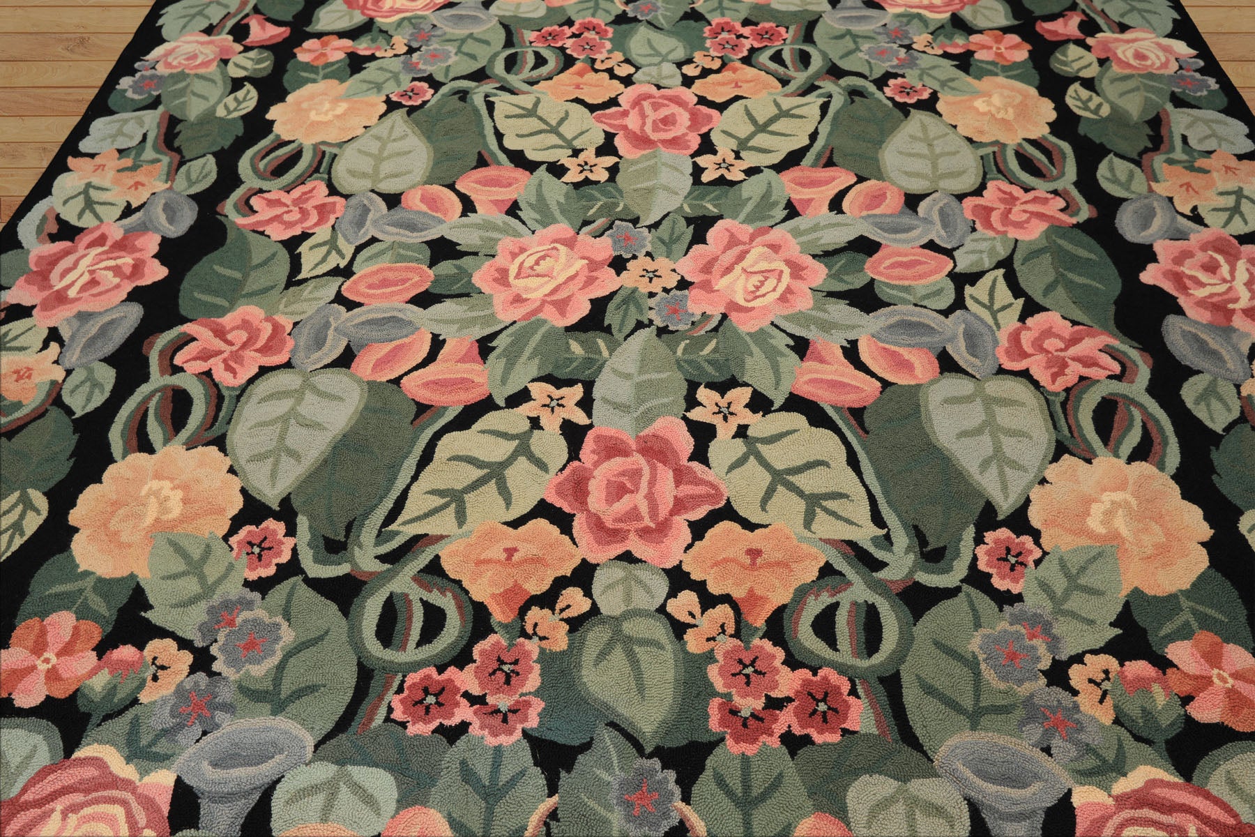 8x11 Black, Celadon, Pink Color Hand Woven Hand Hooked Wool Traditional Oriental Rug