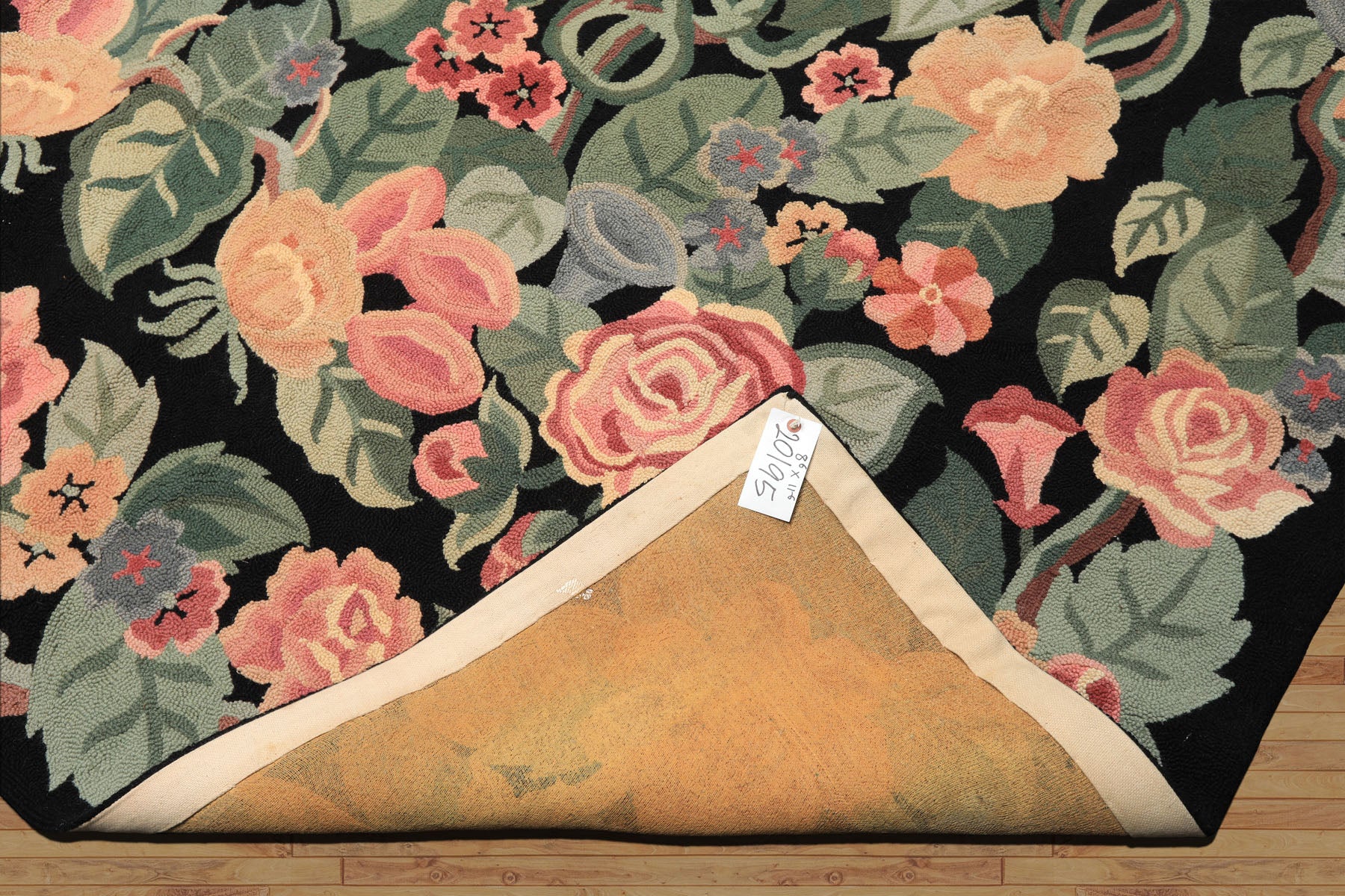 8x11 Black, Celadon, Pink Color Hand Woven Hand Hooked Wool Traditional Oriental Rug