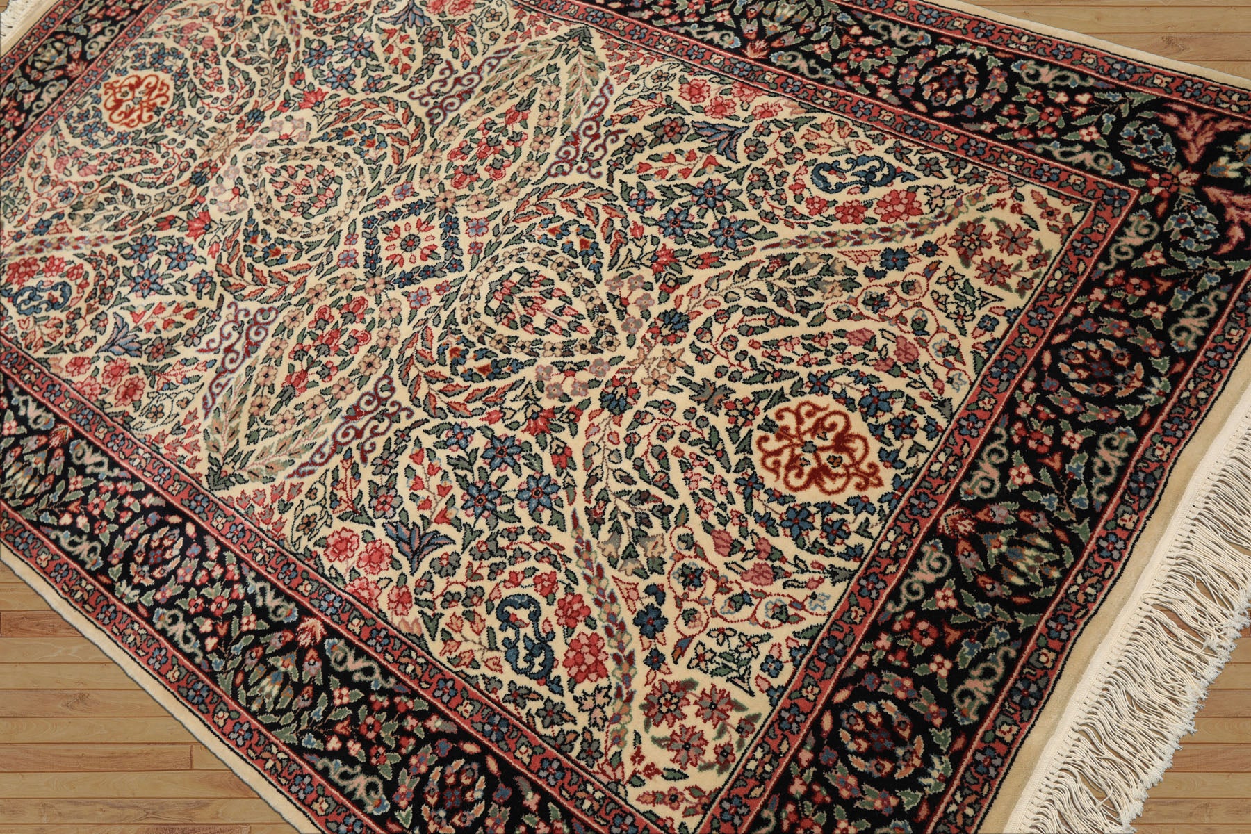 4x6 Ivory, Black, Rose Color Hand Knotted Kashan New Zealand Wool Traditional Oriental Rug