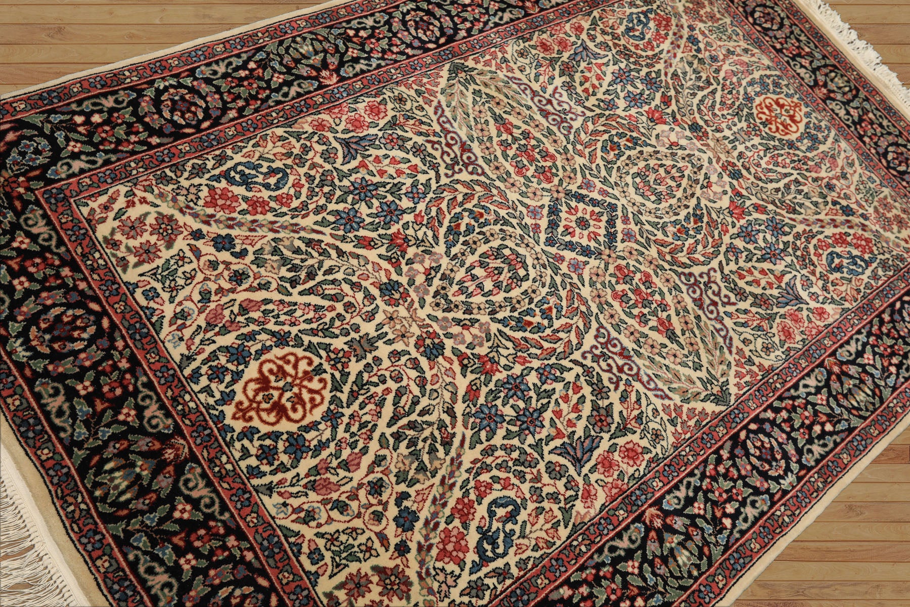 4x6 Ivory, Black, Rose Color Hand Knotted Kashan New Zealand Wool Traditional Oriental Rug