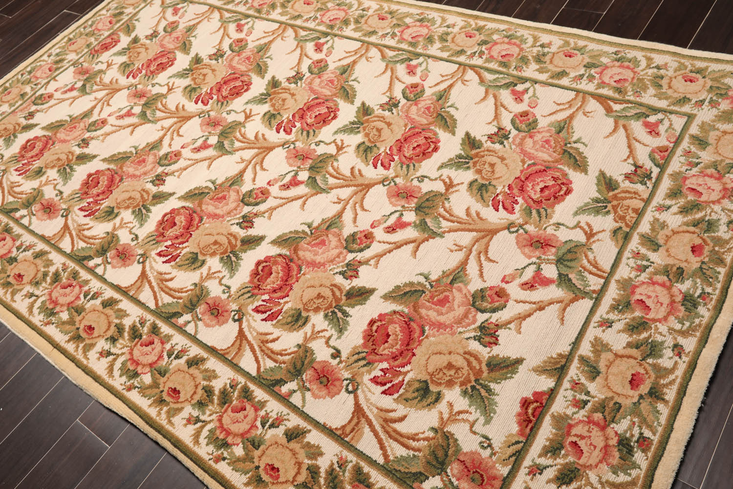 6x9 Beige, Rose, Green Color Hand Knotted All-Over 100% Wool Traditional Oriental Rug